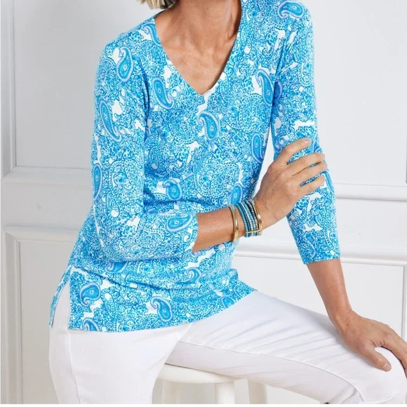 Talbots Blue and White Paisley Sweater Size Medium Petite - Picture 1 of 6